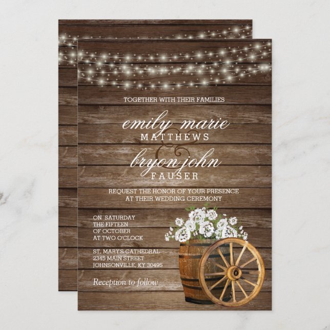 Invitation Mariage en tonneau rustique en bois avec floral bl (Devant / Derrière)