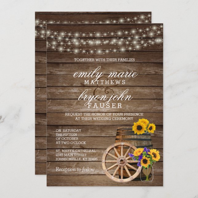 Invitation Mariage en tonneau rustique en bois avec tournesol (Devant / Derrière)
