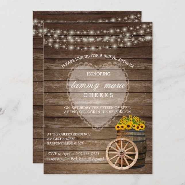 Invitation Mariage en tonneau rustique en bois avec tournesol (Devant / Derrière)