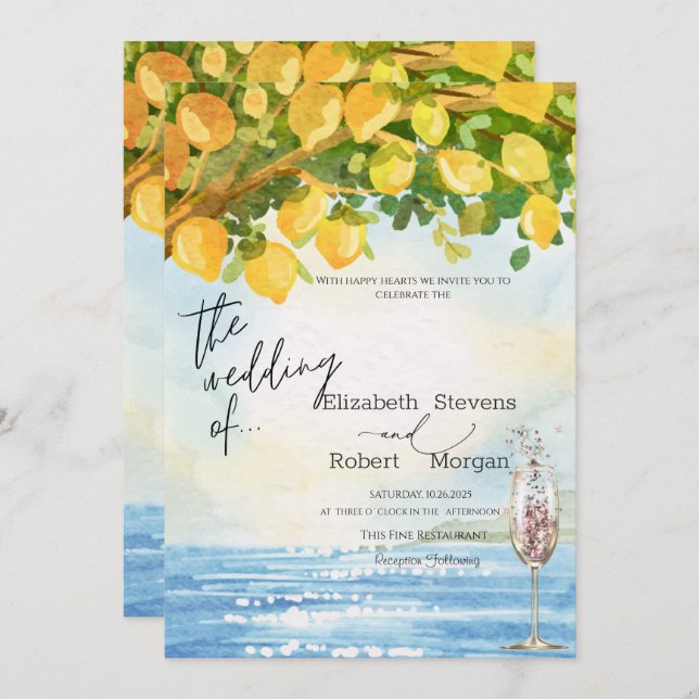 Invitation Mariage en verre de champagne de mer citron (Devant / Derrière)