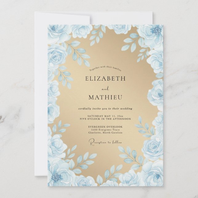 Invitation Mariage Enchanté à l'Aquarelle Bleu Clair (Devant)
