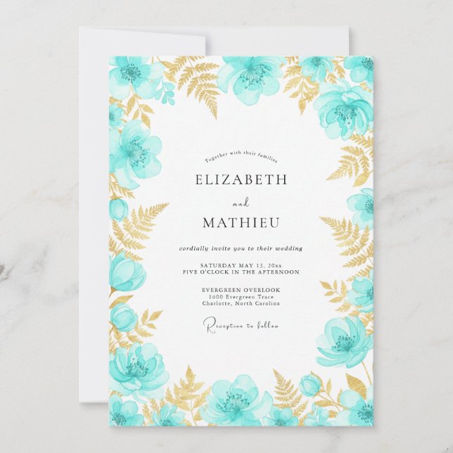 Invitation Mariage Enchanté aux Fleurs de Teal (Devant)