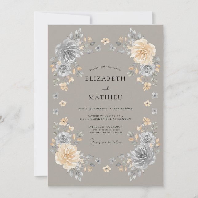 Invitation Mariage Enchanté aux Fleurs Grises (Devant)