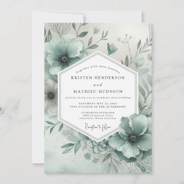 Invitation Mariage Enchanté de Fleurs Bleu Poussiéreux (Devant)