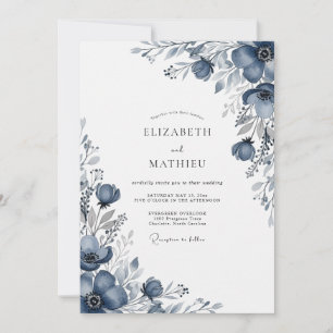 Invitation Mariage Enchanté de Fleurs Bleu Poussiéreux