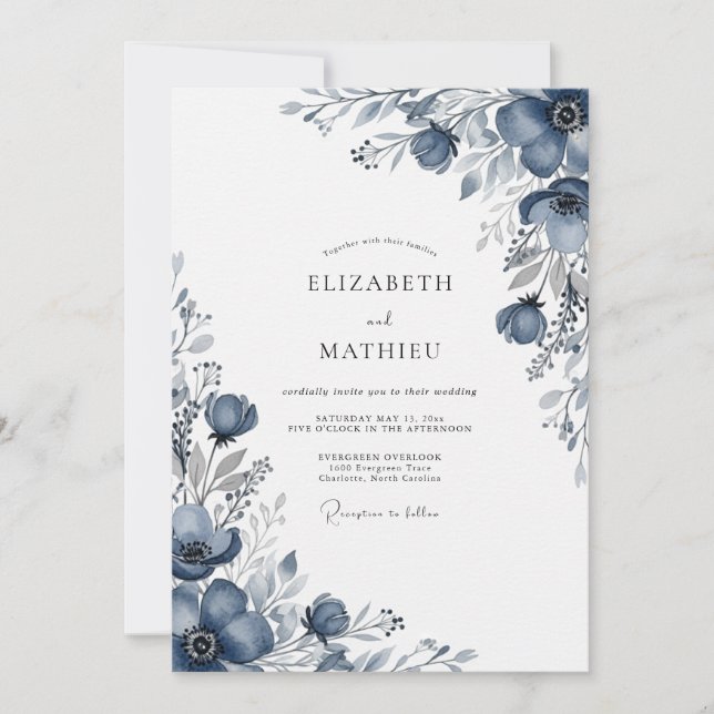 Invitation Mariage Enchanté de Fleurs Bleu Poussiéreux (Devant)