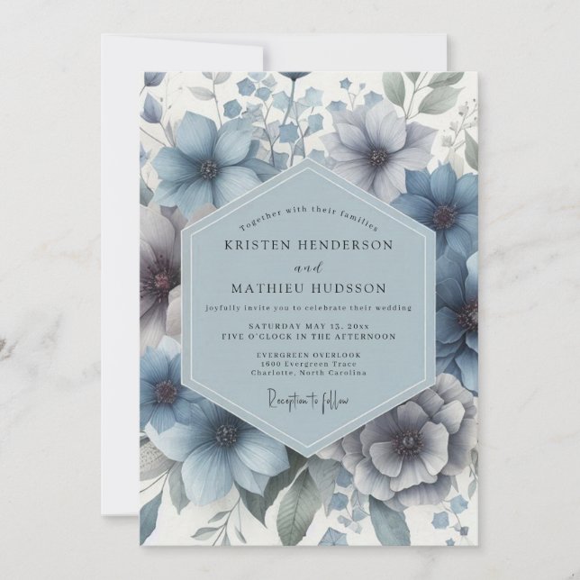 Invitation Mariage Enchanté de Fleurs Bleues Poussiéreuses (Devant)