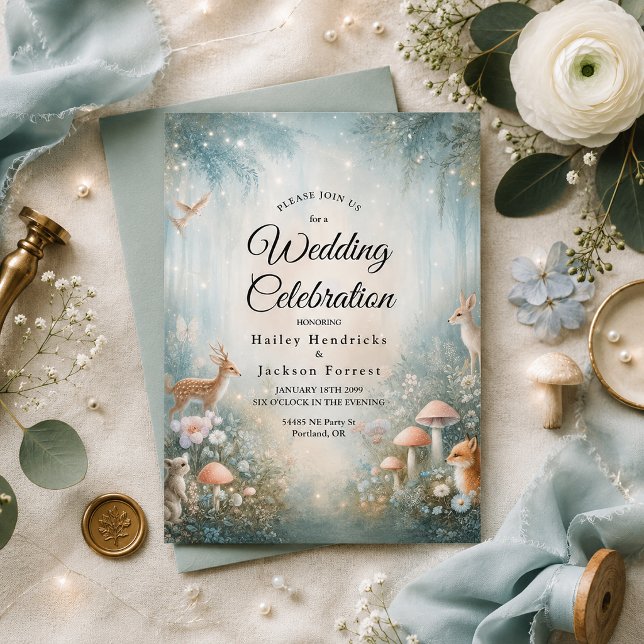 Invitation Mariage enchanté de forêt en bleu sarcelle et pêch (Créateur téléchargé)