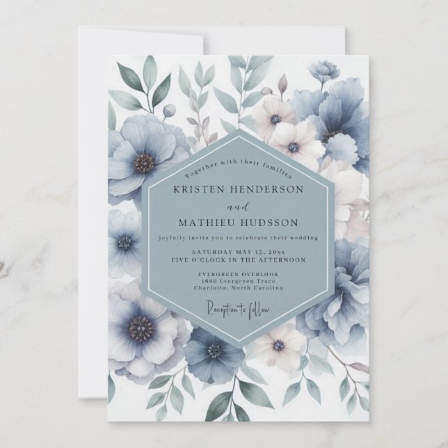 Invitation Mariage Enchanté Fleur Bleue Poussiéreuse (Devant)