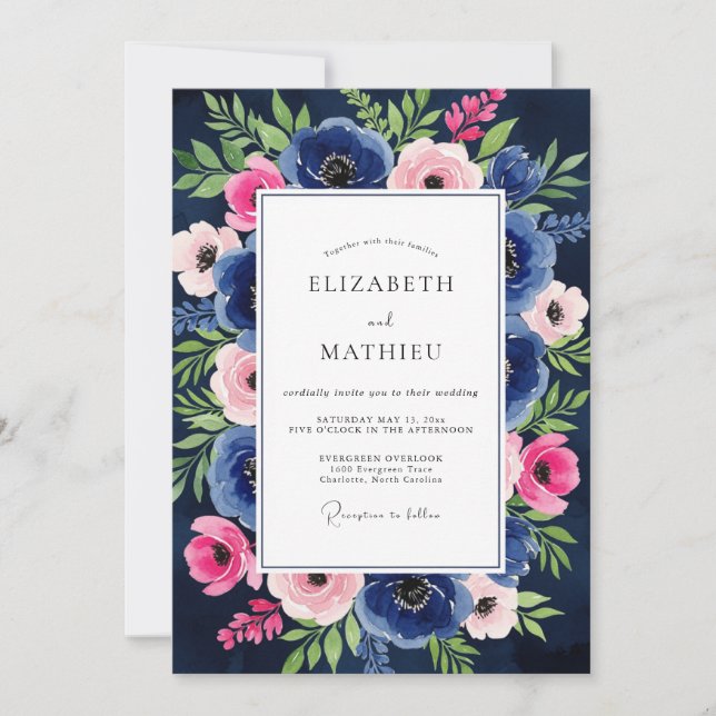 Invitation Mariage Enchanté Fleurs Roses et Bleu Marine (Devant)