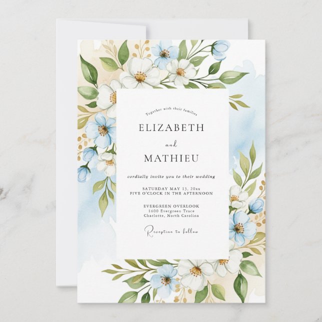 Invitation Mariage Enchanté Floral Bleu Ciel (Devant)