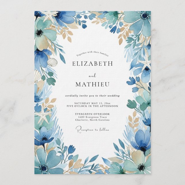Invitation Mariage Enchanté Floral Bleu et Impressionniste (Devant)