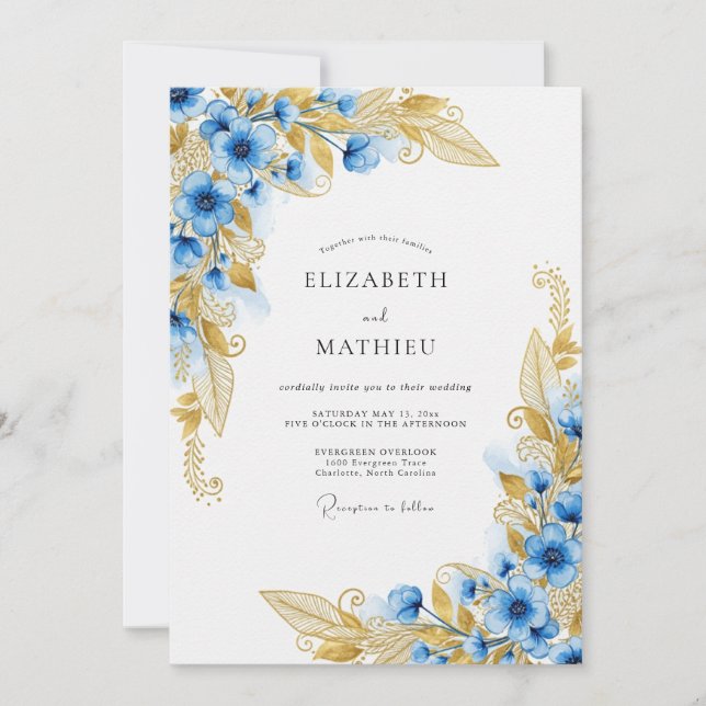 Invitation Mariage Enchanté Floral Or Bleu (Devant)