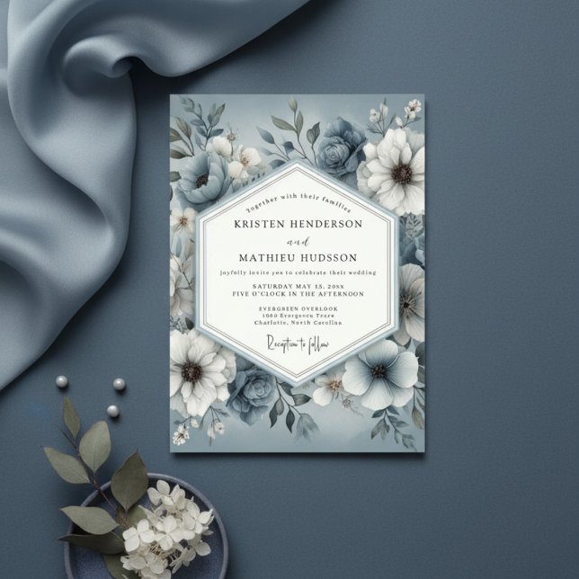 Invitation Mariage Enchantement Floral Bleu Ardoise (Créateur téléchargé)