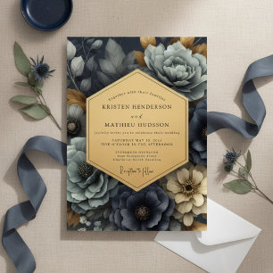Invitation Mariage Enchantement Floral Bleu Marine Profond