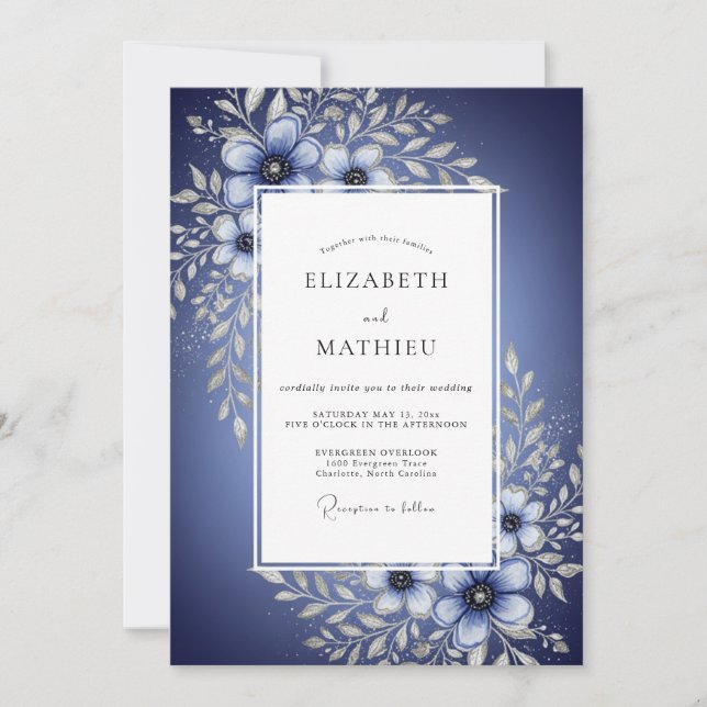 Invitation Mariage Enchantement Floral Bleu Profond (Devant)