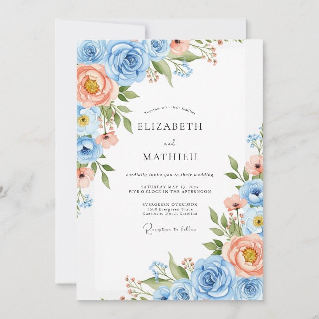 Invitation Mariage Enchantement Floral Corail Bleu (Devant)