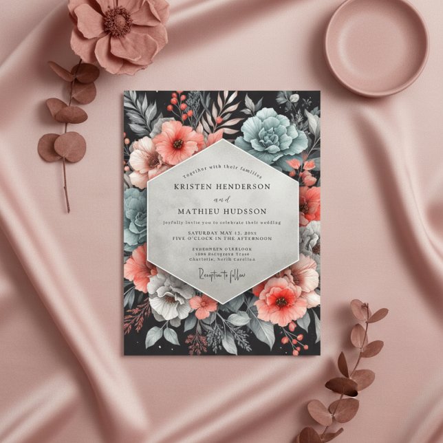 Invitation Mariage Enchantement Floral Corail Sarcelle (Créateur téléchargé)