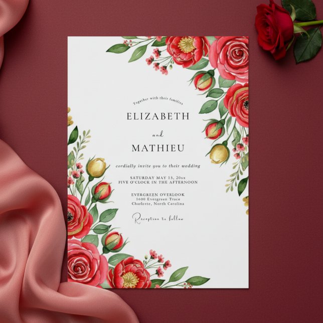 Invitation Mariage Enchantement Floral Écarlate (Créateur téléchargé)