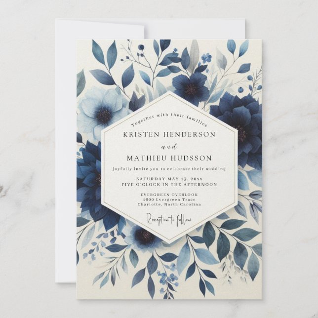 Invitation Mariage Enchantement Floral Indigo (Devant)