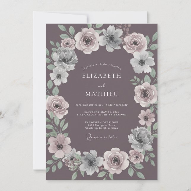 Invitation Mariage Enchantement Floral Prune (Devant)