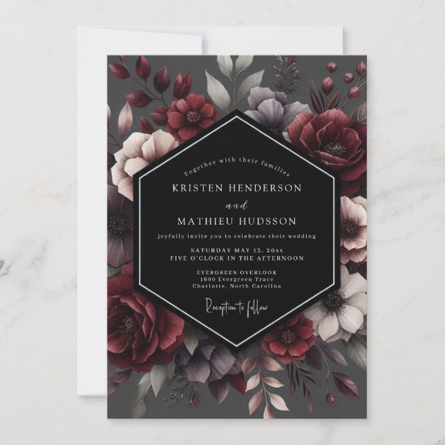 Invitation Mariage Enchantement Floral Rouge Profond (Devant)