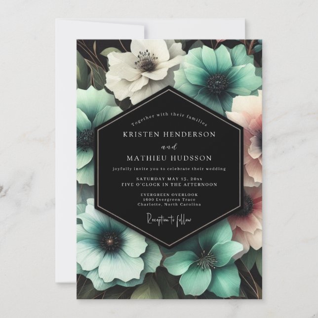 Invitation Mariage Enchantement Floral Turquoise (Devant)