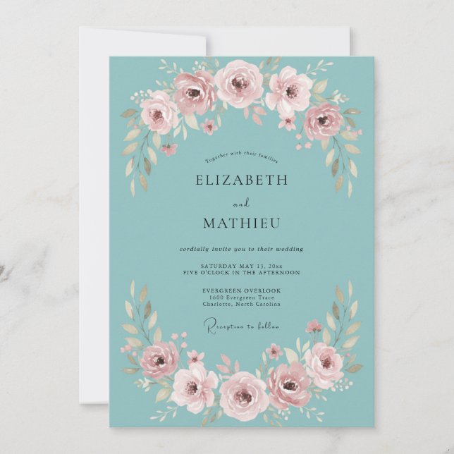 Invitation Mariage Enchantement Rose Sarcelle Toile (Devant)