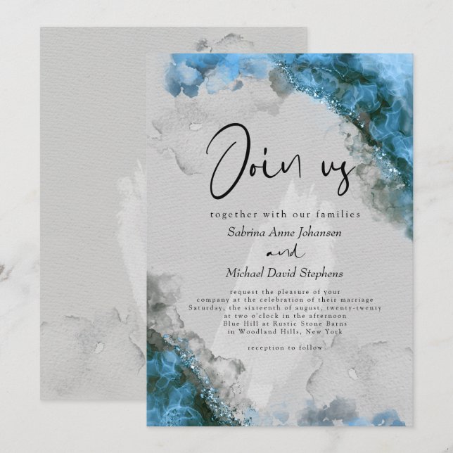 Invitation MARIAGE | Encre à alcool Abstrait Bleu Éblouissant (Devant / Derrière)