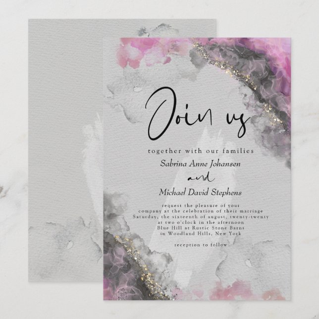Invitation MARIAGE | Encre à alcool abstraite rose et onyx (Devant / Derrière)
