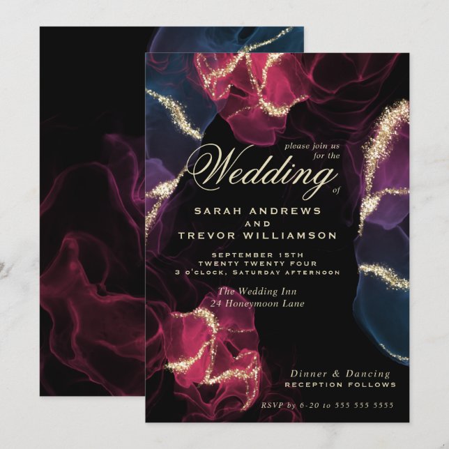 Invitation Mariage | Encre d'alcool bleu violet carlet (Devant / Derrière)