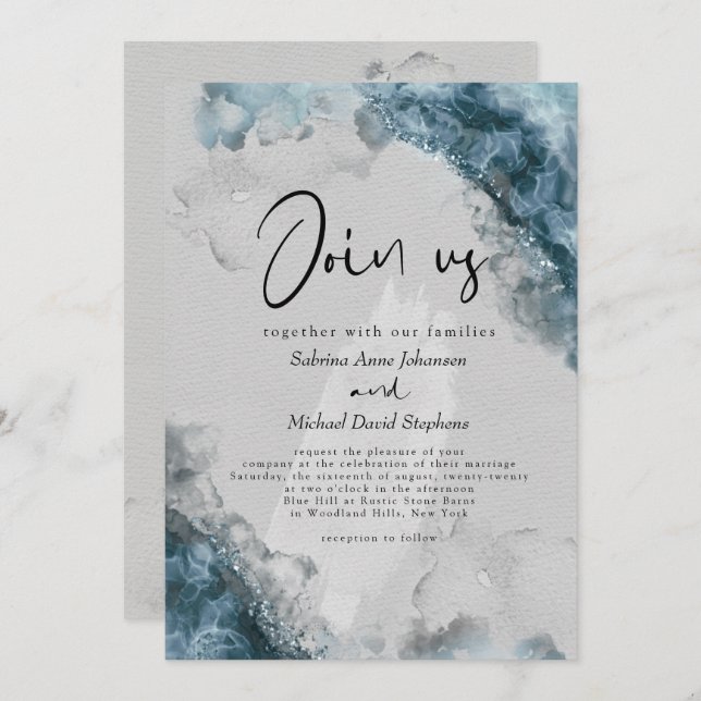 Invitation MARIAGE | Encre d'alcool gris pierre bleu foncé (Devant / Derrière)