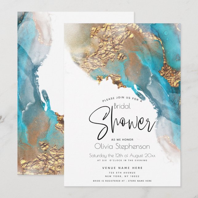 Invitation Mariage | Encre d'alcool marbré Turquoise moderne (Devant / Derrière)