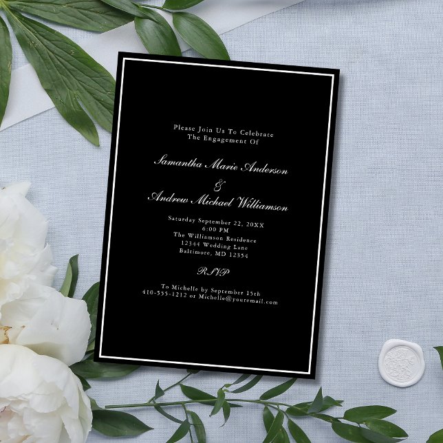 Invitation Mariage Engagement Formel Élégant Noir Blanc (Black White Formal Elegant Classic Engagement Party Invitation)