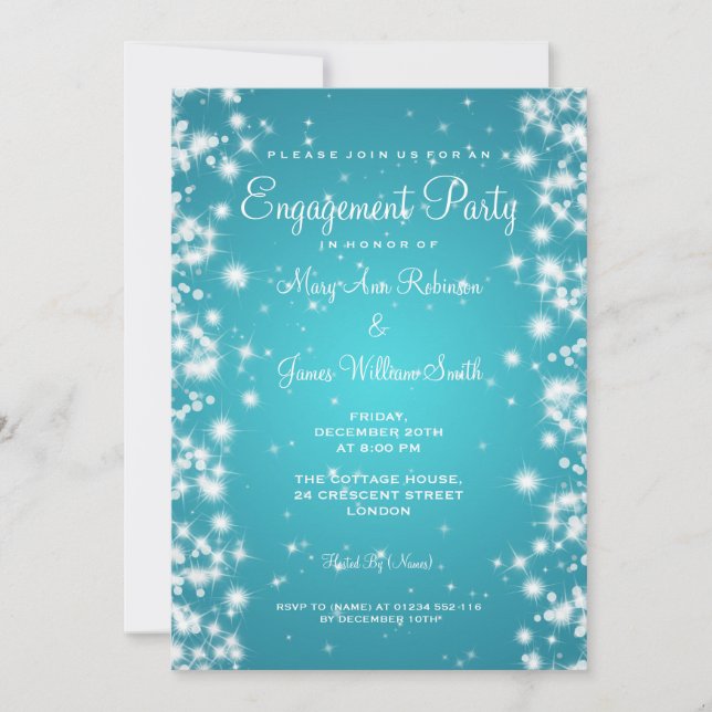 Invitation Mariage Engagement Party Hiver Étincelle Turquoise (Devant)
