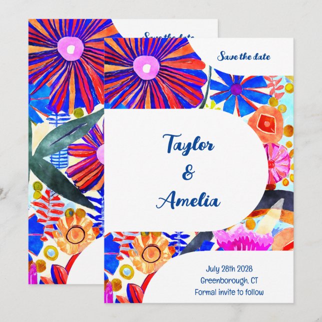 Invitation Mariage Enregistrer la date Retro Blue Orange (Devant / Derrière)