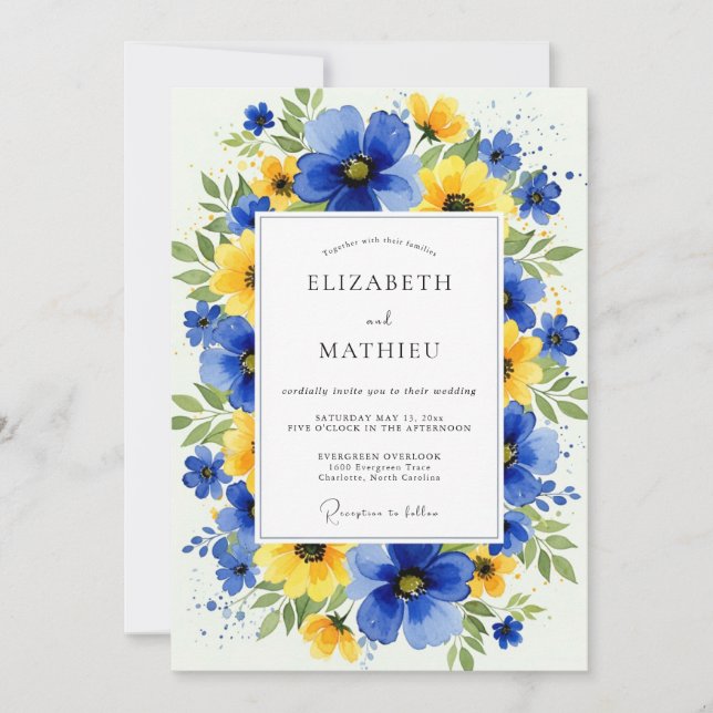 Invitation Mariage ensoleillé d'été bleu saphir (Devant)