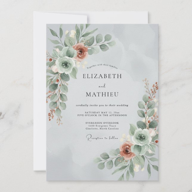 Invitation Mariage Envoûtant Vert Sauge en Fleur (Devant)