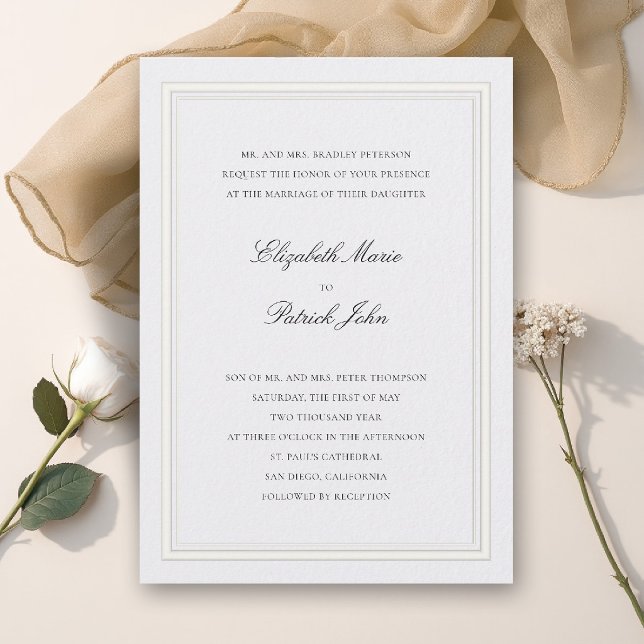 Invitation Mariage épais et fin perle classique moderne forme (formal wedding invitation modern classic double frame duo elegant pearl white calligraphy parents)