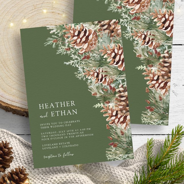 Invitation Mariage Épine de Pin Hivernale Moderne Vert (Green Modern Winter Pine Wedding Invitation
)