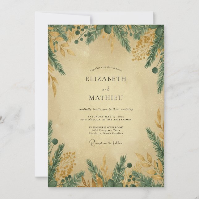 Invitation Mariage Épinette Eucalyptus Or Sarcelle (Devant)