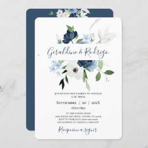 Invitation Mariage espagnol bleu floral Navy