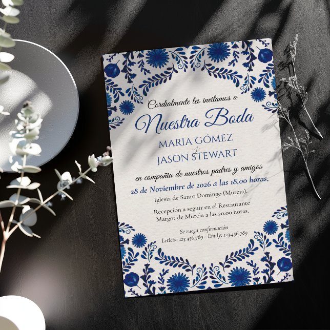 Invitation Mariage Espagnol Botanique Esthétique Floral Bleu (Blue Floral Aesthetic Botanical Spanish Wedding Invitation)