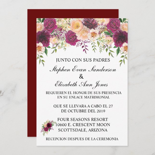 Invitation Mariage espagnol Bourgogne Rosa Blush Floral (Devant / Derrière)