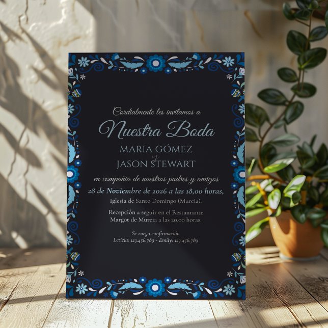 Invitation Mariage Espagnol Classique Élégant à Fleurs Bleu M (Navy Blue Floral Elegant Classic Spanish Wedding Invitation)