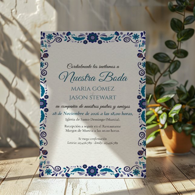 Invitation Mariage Espagnol Classique Élégant aux Fleurs Blan (Navy White Floral Elegant Classic Spanish Wedding Invitation)
