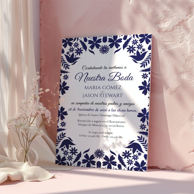 Invitation Mariage Espagnol Classique Esthétique Floral Bleu  (Navy Blue Floral Classic Aesthetic Spanish Wedding Invitation)