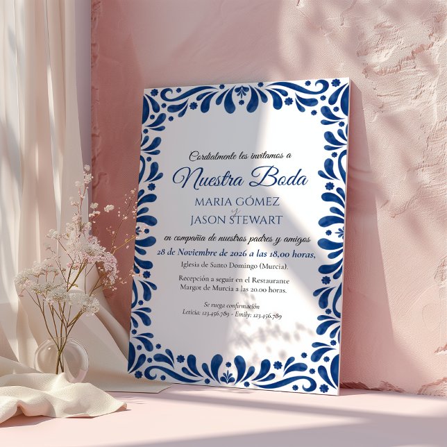 Invitation Mariage Espagnol Classique Esthétique Florale Bleu (Blue Floral Classic Aesthetic Boda Spanish Wedding Invitation)