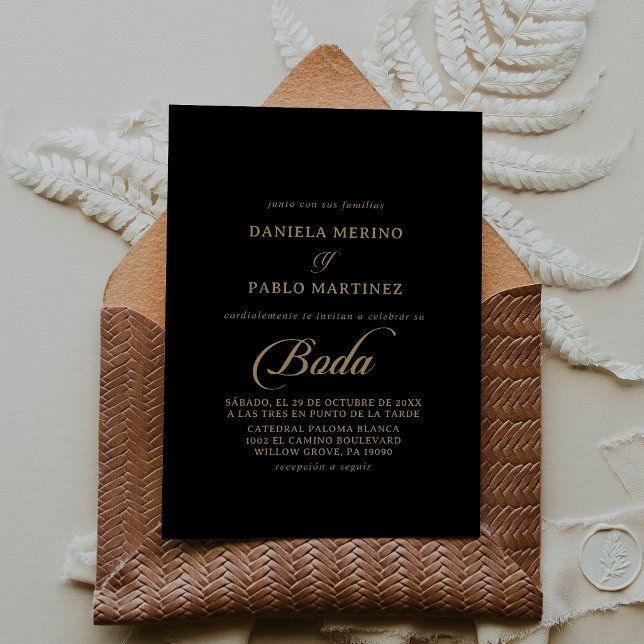 Invitation Mariage Espagnol Classique Noir et Or Boda (Créateur téléchargé)