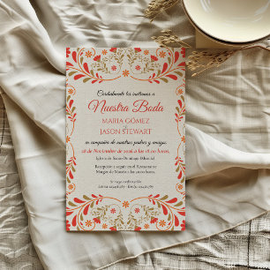 Invitation Mariage Espagnol Élégant aux Fleurs Rouges Orange